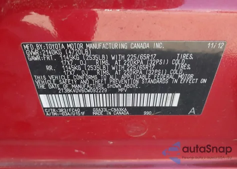 2012 Toyota Rav4 Base V6 z USA, uszkodzony, nr VIN 2T3BK4DV6CW092229